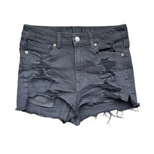 American Eagle Mom Shorts Black Stretch Denim, High Rise Relaxed Fit, Distressed